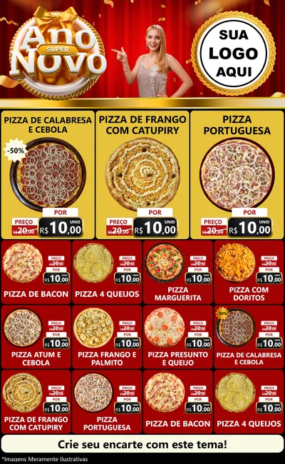 Modelo de Encarte para Encarte Grande com o tema Super Ano Novo para Pizzaria