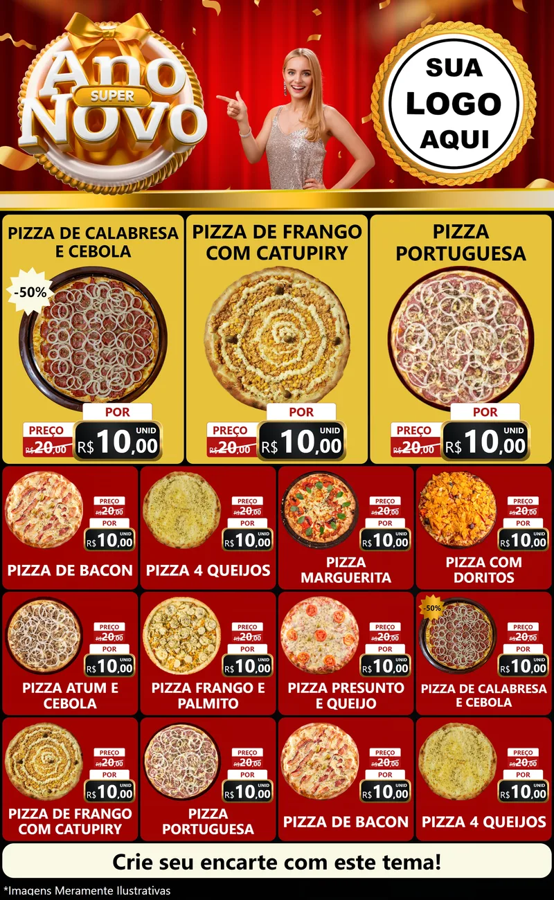 Modelo de Encarte para Encarte Grande com o tema Super Ano Novo para Pizzaria