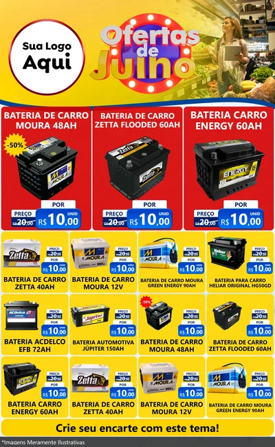 Modelo de Encarte para Encarte Grande com o tema Ofertas de Julho para Baterias Elétricas