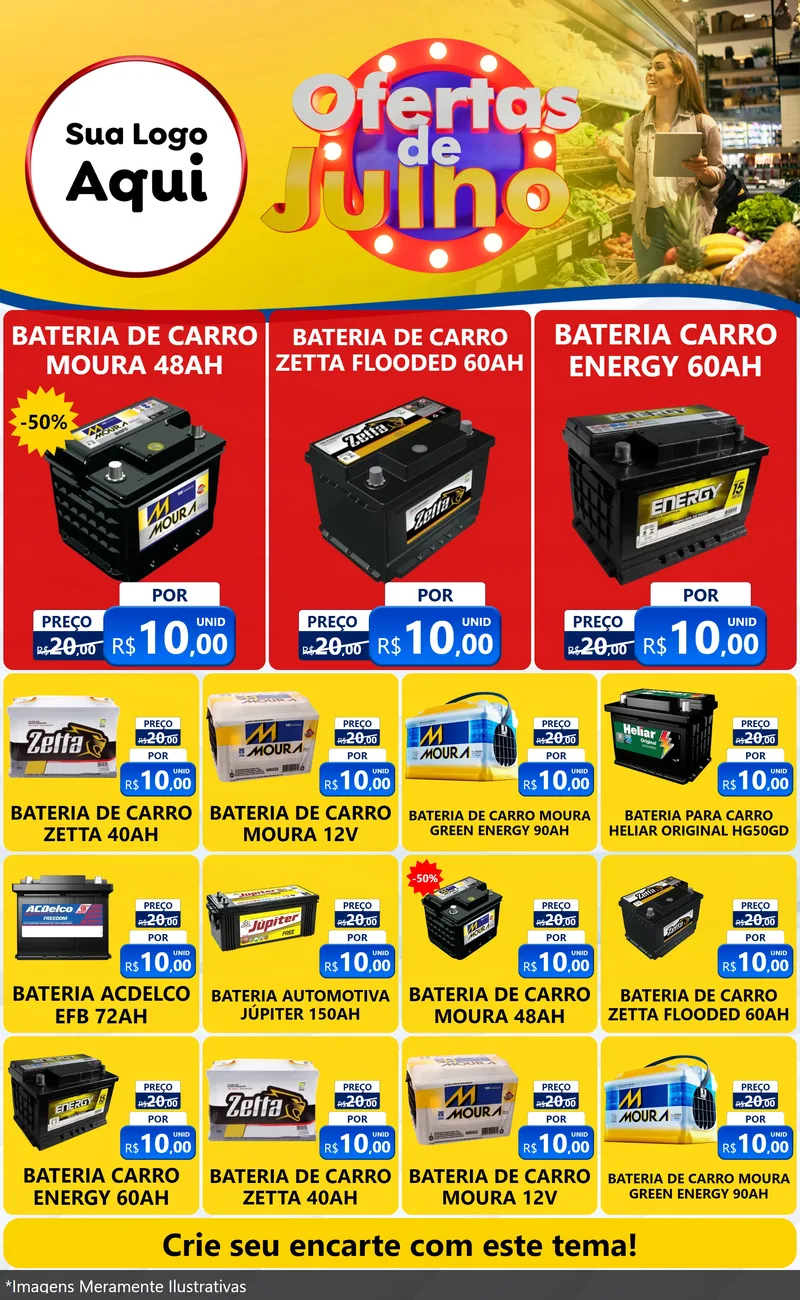 Modelo de Encarte para Encarte Grande com o tema Ofertas de Julho para Baterias Elétricas