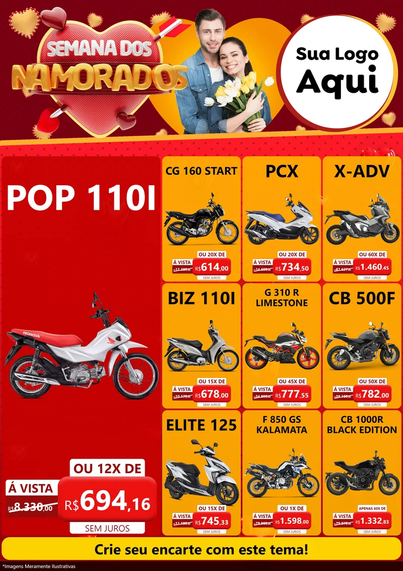 Modelo de Encarte para Encarte A4 Vertical com o tema Semana dos Namorados para Concessionaria de Motos