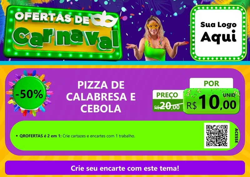 Modelo de Cartaz para Cartaz A4 Horizontal com o tema Ofertas de Carnaval para Pizzaria