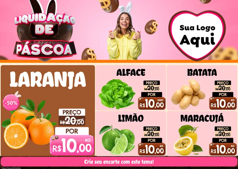 Modelo de Encarte para Encarte A4 Horizontal com o tema Liquidação de Páscoa para Hortifrúti