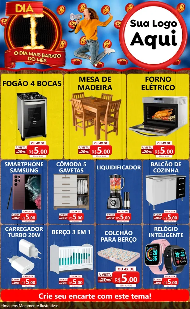 Modelo de Encarte para Encarte Grande com o tema Dia I - O Dia Mais Barato Do Mês para Móveis e Eletro