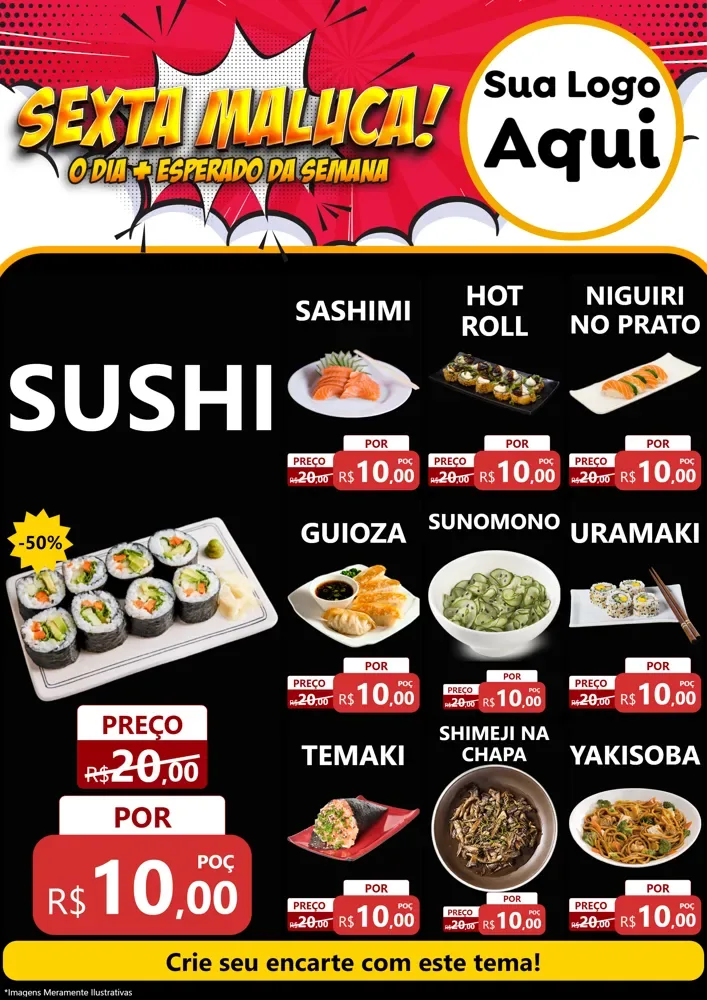 Modelo de Encarte para Encarte A4 Vertical com o tema Sexta Maluca! para Comida japonesa