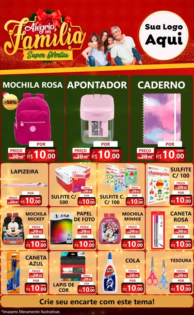 Modelo de Encarte para Encarte Grande com o tema Alegria em Família Super Ofertas - Natal para Papelaria