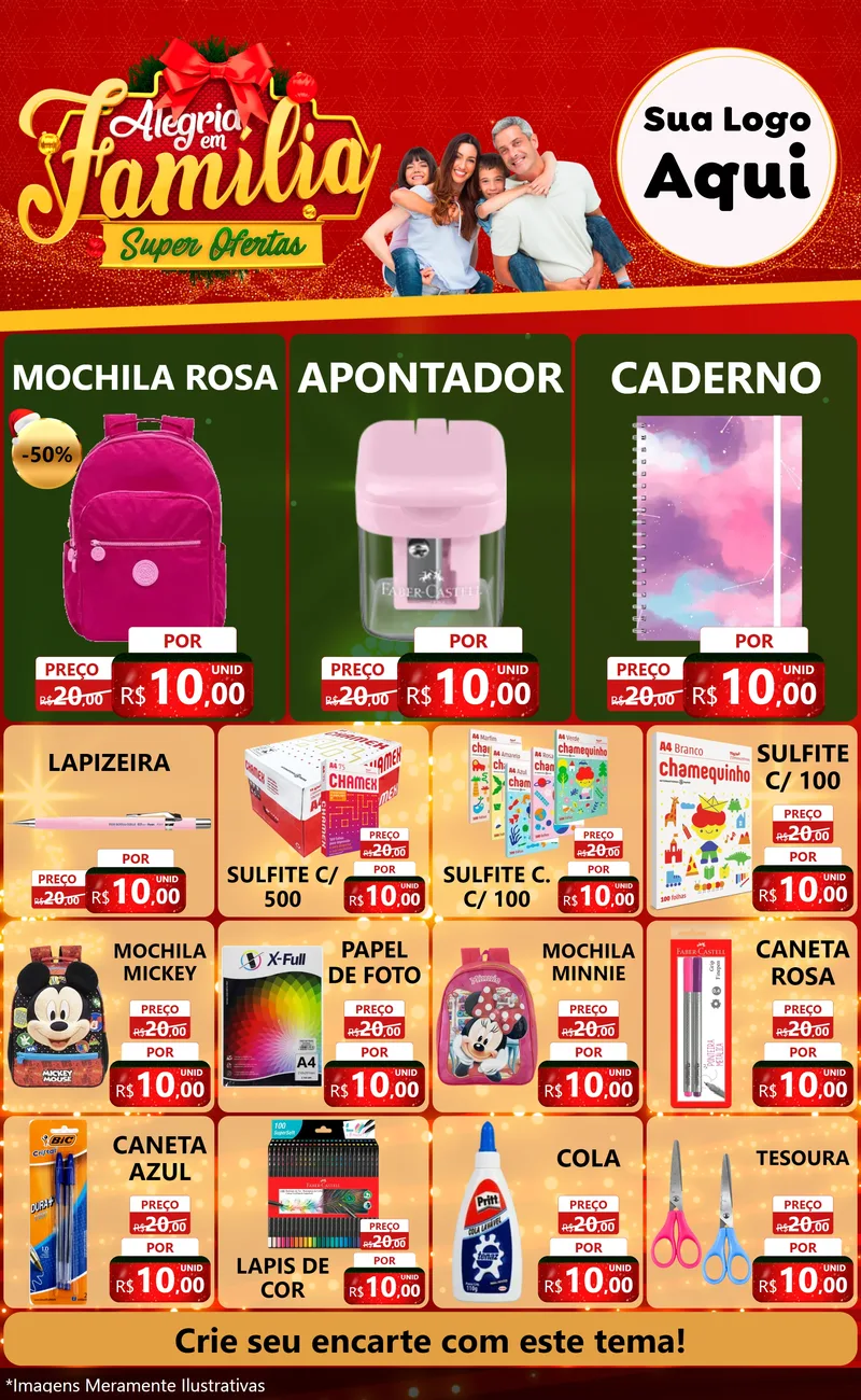 Modelo de Encarte para Encarte Grande com o tema Alegria em Família Super Ofertas - Natal para Papelaria