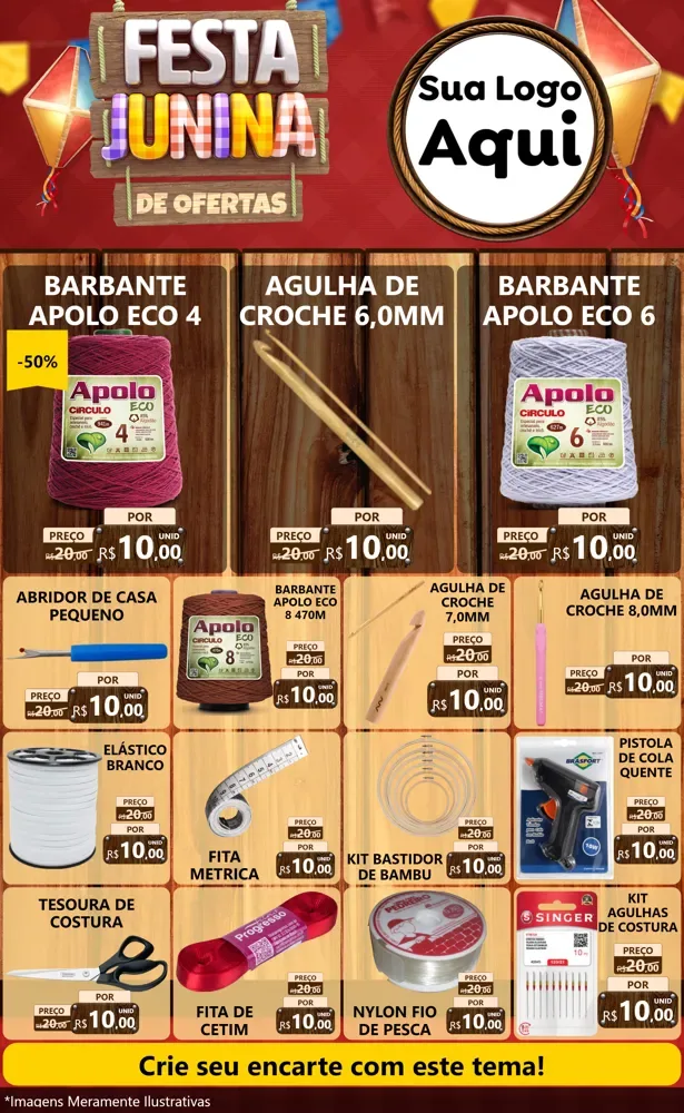 Modelo de Encarte para Encarte Grande com o tema Festa Junina de Ofertas para Armarinho e Aviamentos