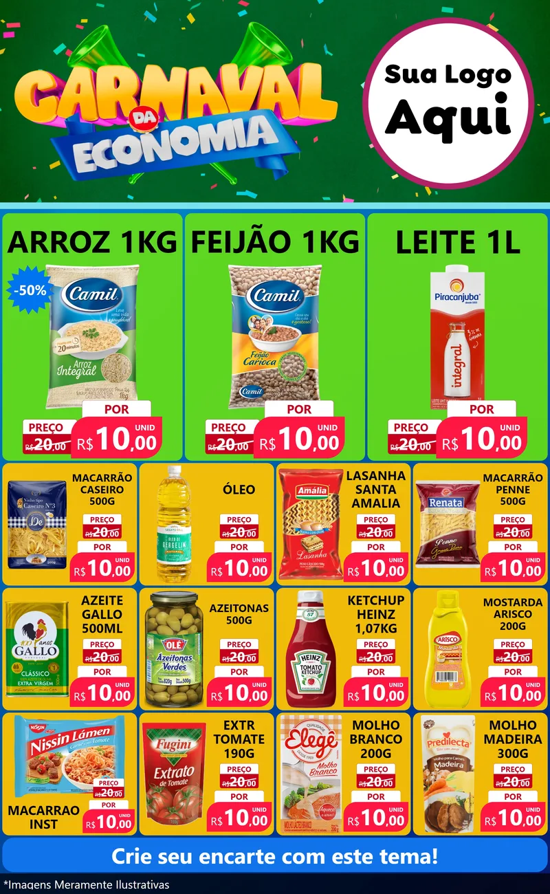 Modelo de Encarte para Encarte Grande com o tema Carnaval da Economia para Supermercado