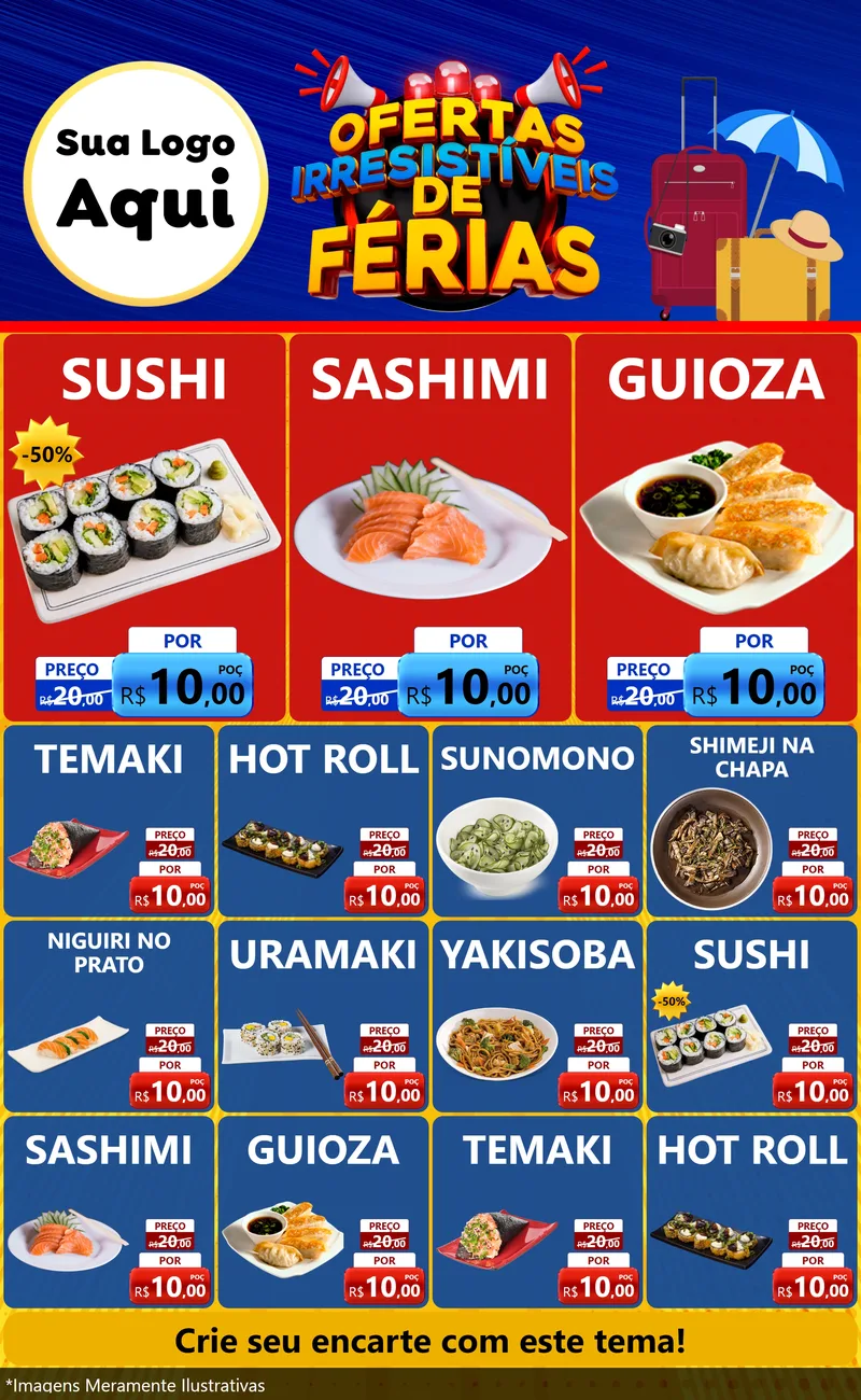 Modelo de Encarte para Encarte Grande com o tema Ofertas Irresistíveis de Férias para Comida japonesa
