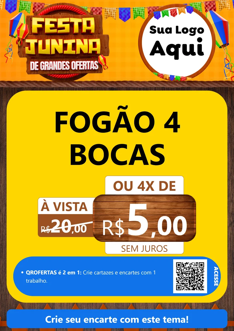 Modelo de Cartaz para Cartaz A4 Vertical com o tema Festa Junina de Grandes Ofertas para Móveis e Eletro