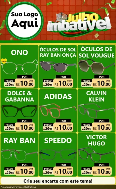 Modelo de Encarte para Encarte Grande com o tema Julho Imbatível para Óticas