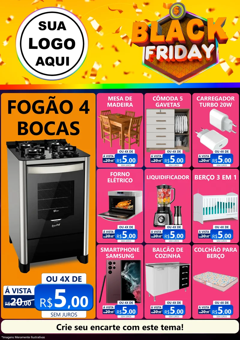 Modelo de Encarte para Encarte A4 Vertical com o tema Black Friday para Móveis e Eletro