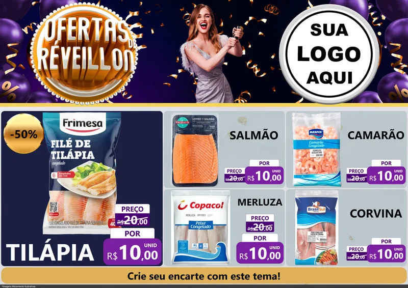 Modelo de Encarte para Encarte A4 Horizontal com o tema Ofertas de Réveillon para Peixaria