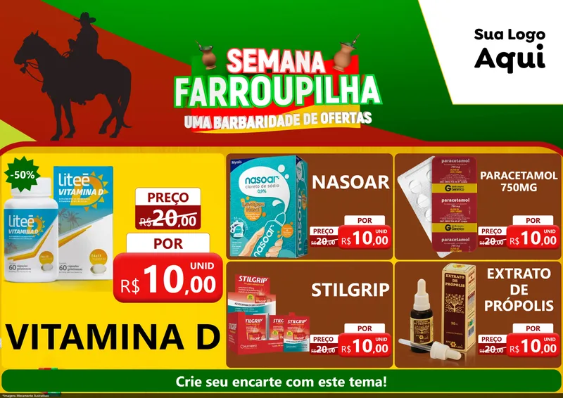 Modelo de Encarte para Encarte A4 Horizontal com o tema Semana Farroupilha - Uma Barbaridade de Ofertas para Farmácia