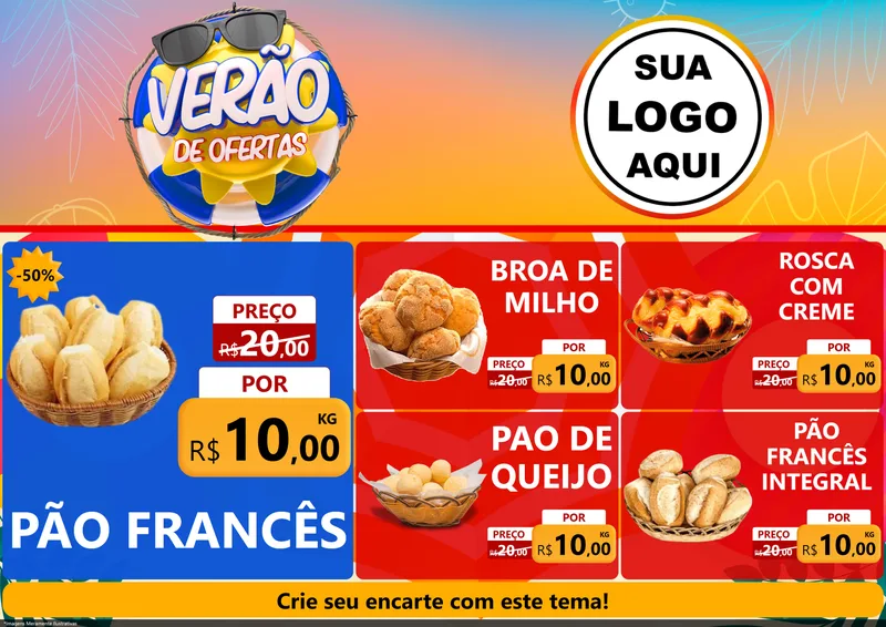 Modelo de Encarte para Encarte A4 Horizontal com o tema Verão de Ofertas para Padaria
