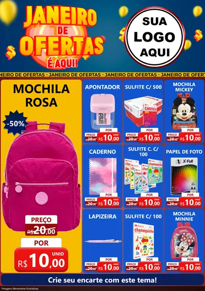 Modelo de Encarte para Encarte A4 Vertical com o tema Janeiro de Ofertas É Aqui! para Papelaria