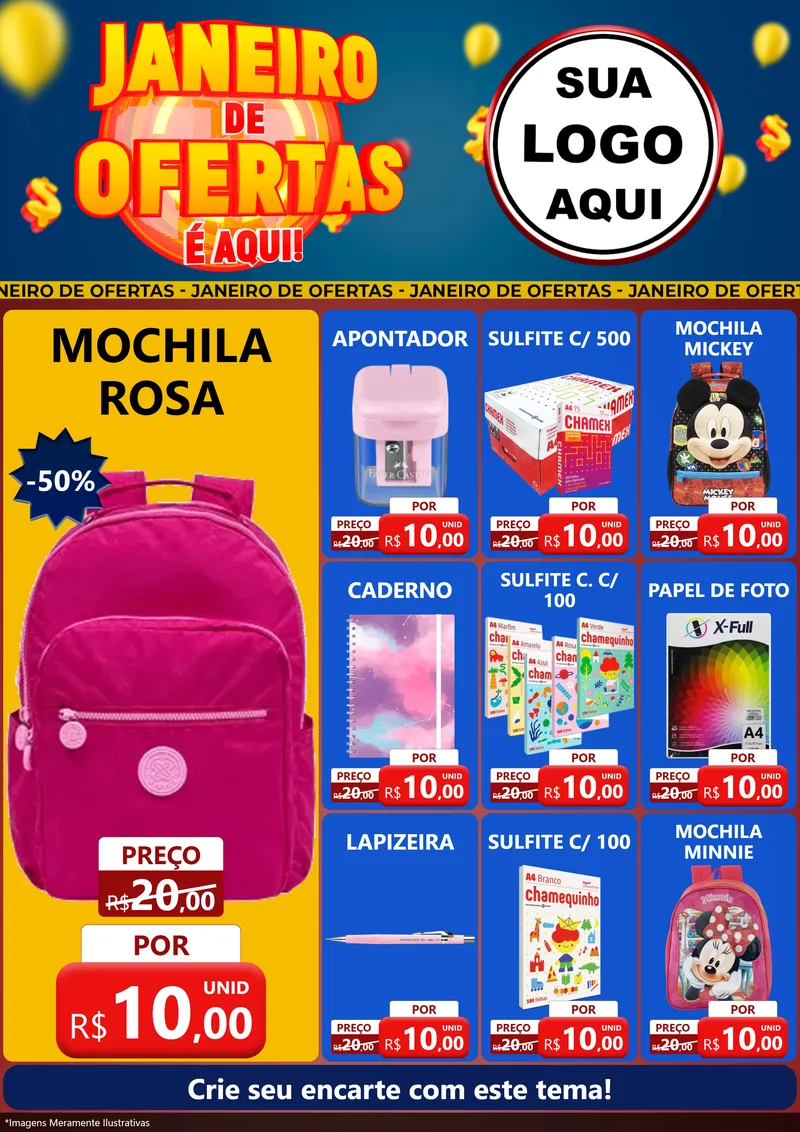 Modelo de Encarte para Encarte A4 Vertical com o tema Janeiro de Ofertas É Aqui! para Papelaria