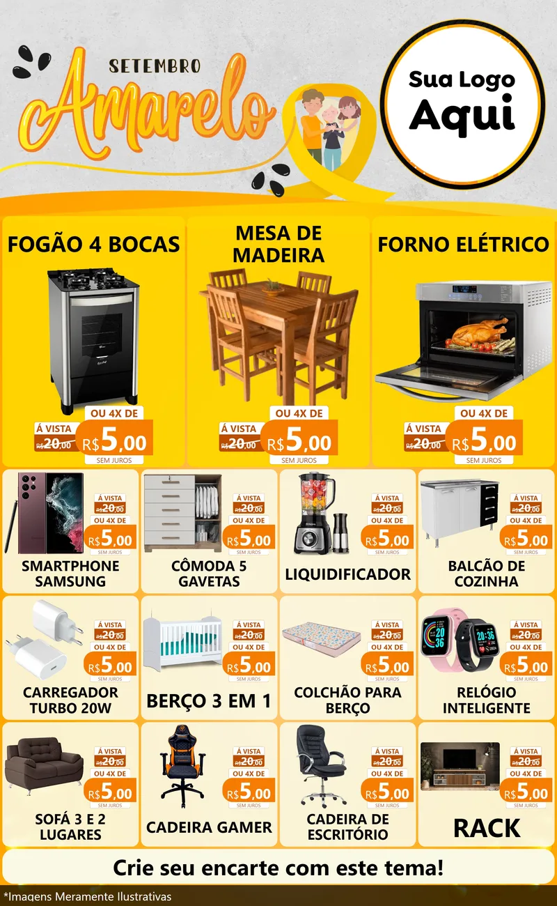 Modelo de Encarte para Encarte Grande com o tema Setembro Amarelo para Móveis e Eletro