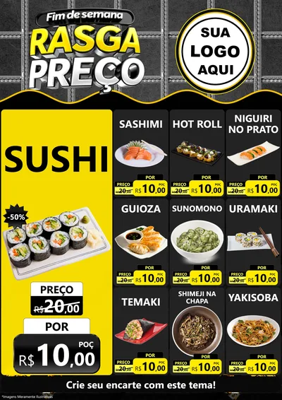Modelo de Encarte para Encarte A4 Vertical com o tema Fim de Semana Rasga Preço para Comida japonesa