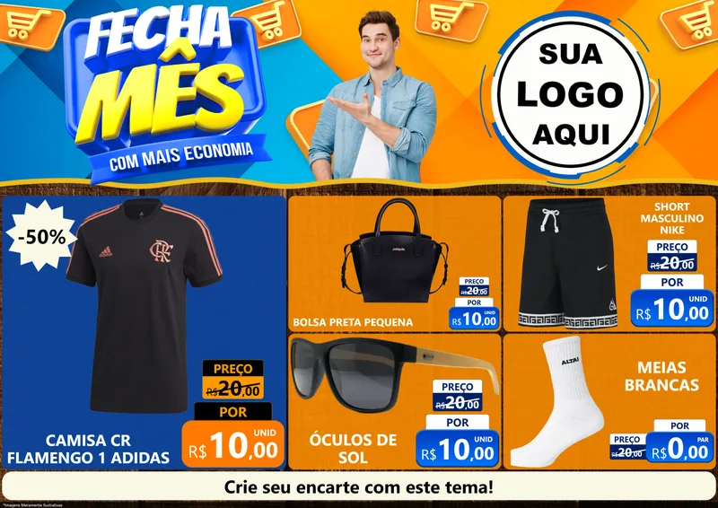 Modelo de Encarte para Encarte A4 Horizontal com o tema Fecha Mês Com Mais Economia para Roupas e acessórios
