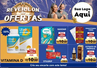Modelo de Encarte para Encarte A4 Horizontal com o tema Réveillon de Ofertas para Farmácia