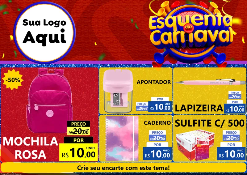 Modelo de Encarte para Encarte A4 Horizontal com o tema Esquenta de Carnaval para Papelaria