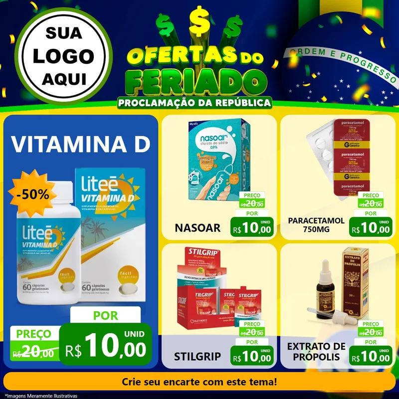 Modelo de Rede Social para Feed Facebook com o tema Ofertas do Feriado - Proclamação da República para Farmácia