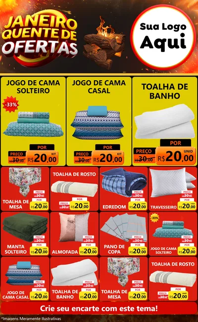 Modelo de Encarte para Encarte Grande com o tema Janeiro Quente de Ofertas para Cama, Mesa e Banho