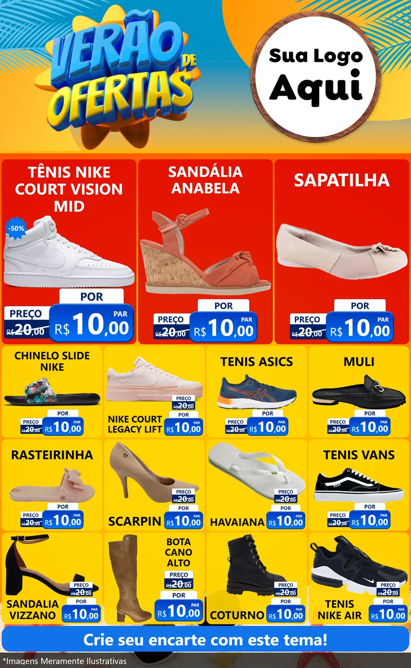 Modelo de Encarte para Encarte Grande com o tema Verão de Ofertas para Calçados