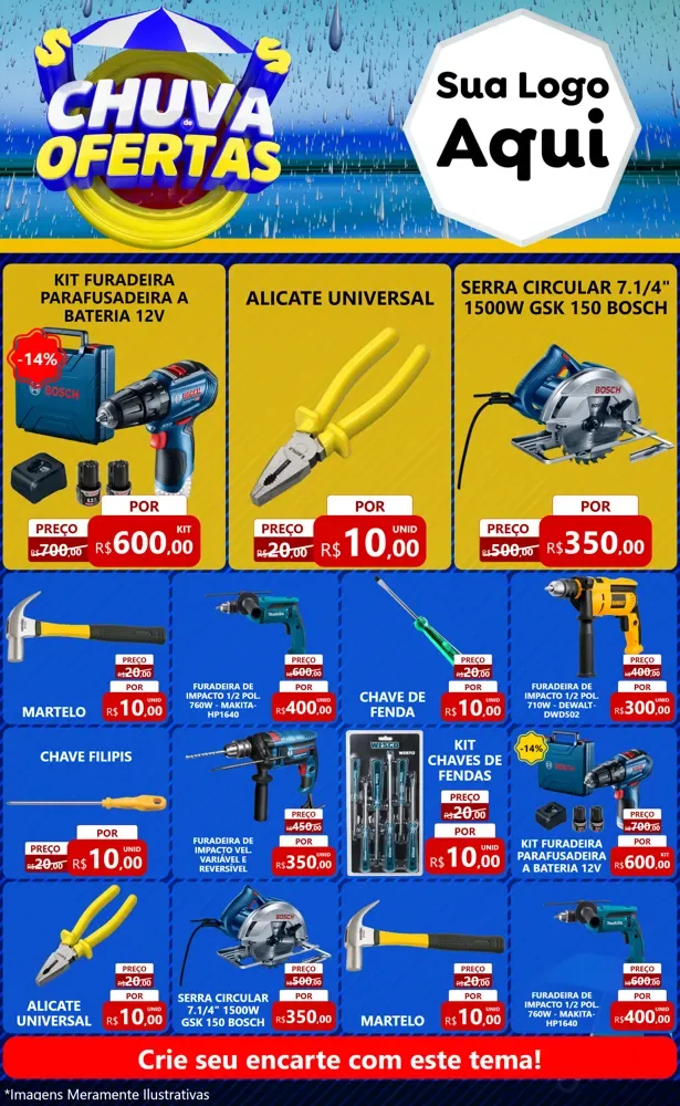 Modelo de Encarte para Encarte Grande com o tema Chuva de Ofertas para Maquinas e Ferramentas