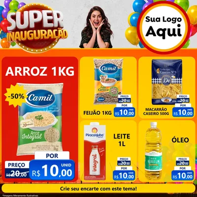 Modelo de Rede Social para Feed Facebook com o tema Super Inauguração para Supermercado