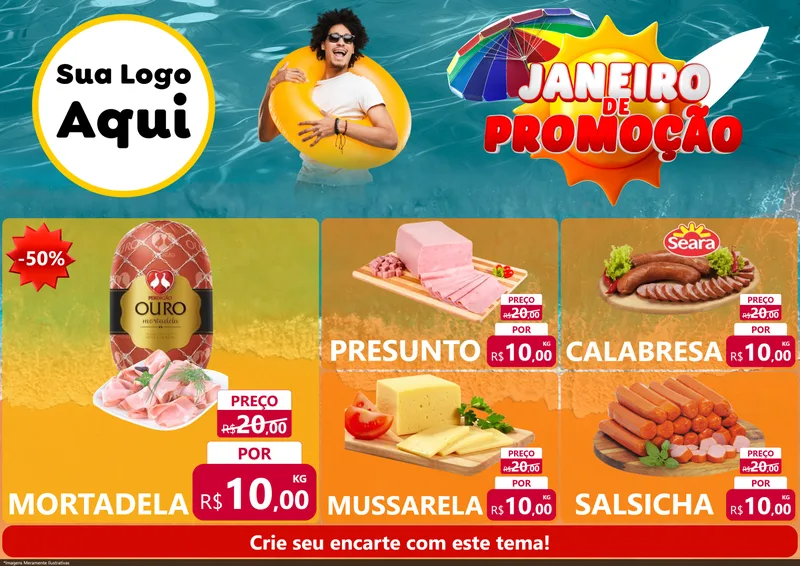 Modelo de Encarte para Encarte A4 Horizontal com o tema Janeiro de Promoção para Frios e Laticínios