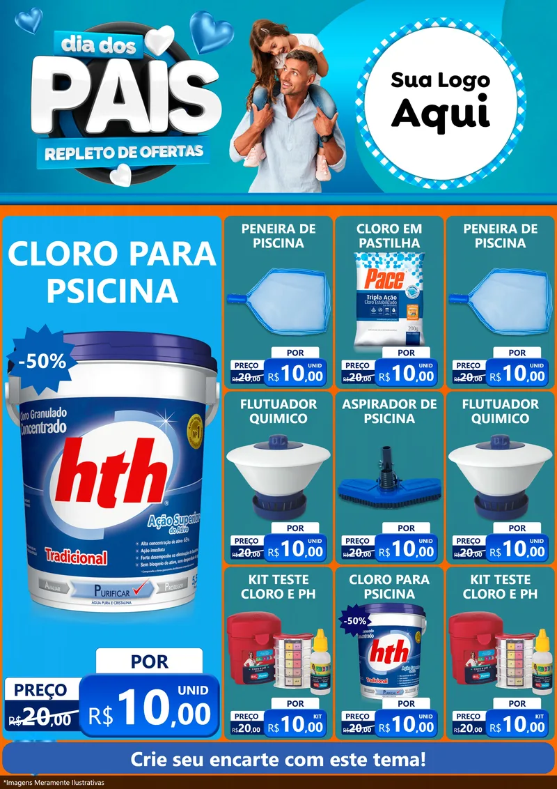 Modelo de Encarte para Encarte A4 Vertical com o tema Dia Dos Pais Repleto de Ofertas para Produtos para Piscina