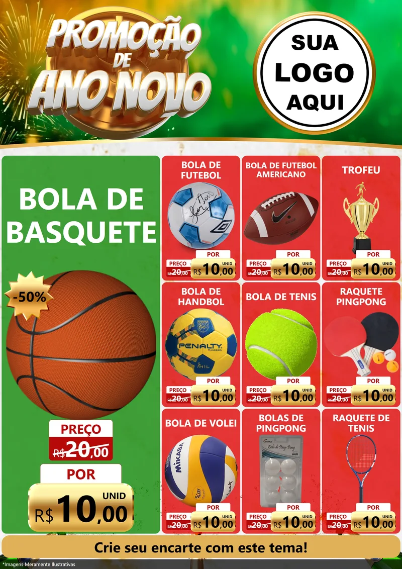 Modelo de Encarte para Encarte A4 Vertical com o tema Promoção de Ano Novo para Artigos Esportivos