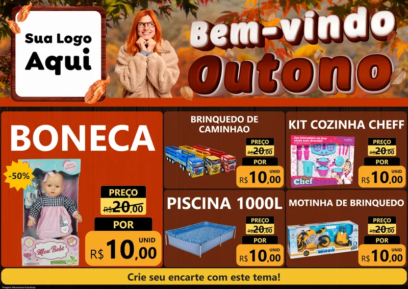 Modelo de Encarte para Encarte A4 Horizontal com o tema Bem-vindo Outono para Brinquedos