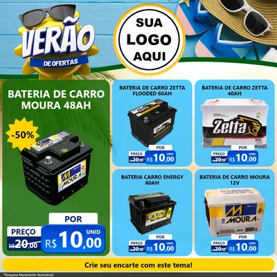 Modelo de Rede Social para Feed Facebook com o tema Verão de Ofertas para Baterias Elétricas