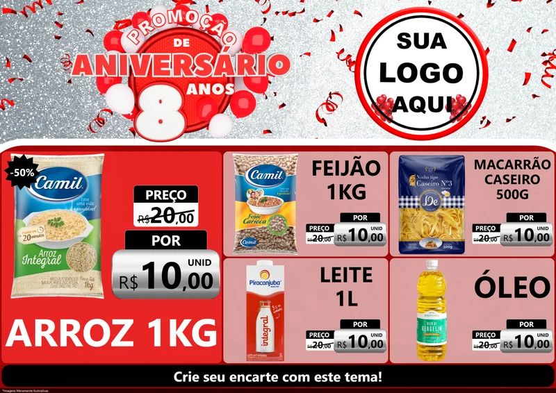 Modelo de Encarte para Encarte A4 Horizontal com o tema Promoção de Aniversário - 8 Anos para Supermercado