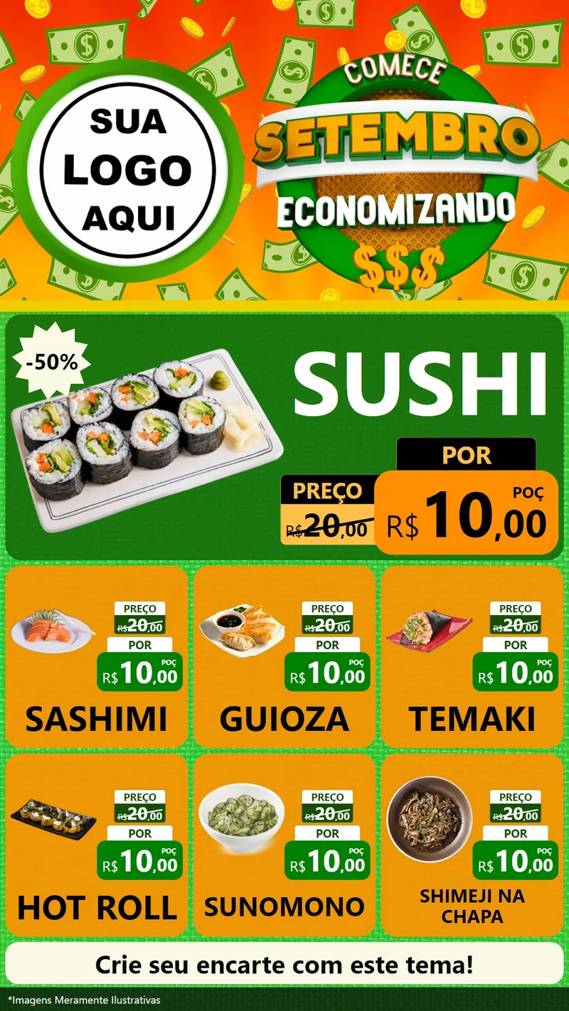 Modelo de Rede Social para Stories com o tema Comece Setembro Economizando para Comida japonesa