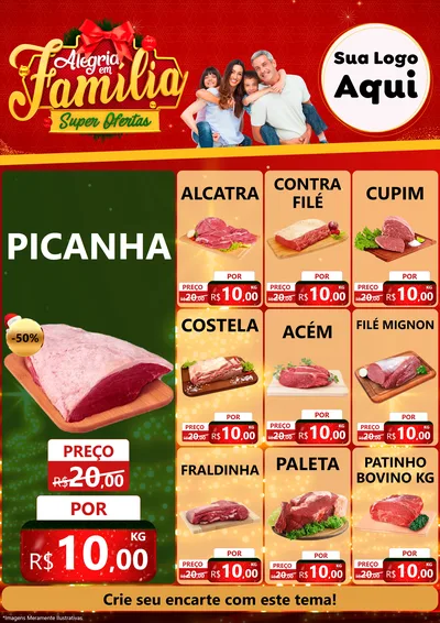 Modelo de Encarte para Encarte A4 Vertical com o tema Alegria em Família Super Ofertas - Natal para Açougue