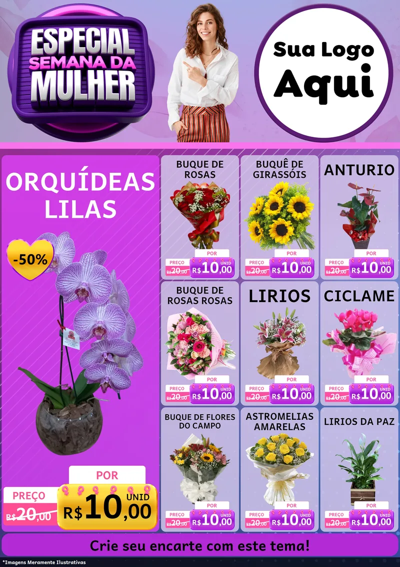 Modelo de Encarte para Encarte A4 Vertical com o tema Especial Semana da Mulher para Floricultura e jardim