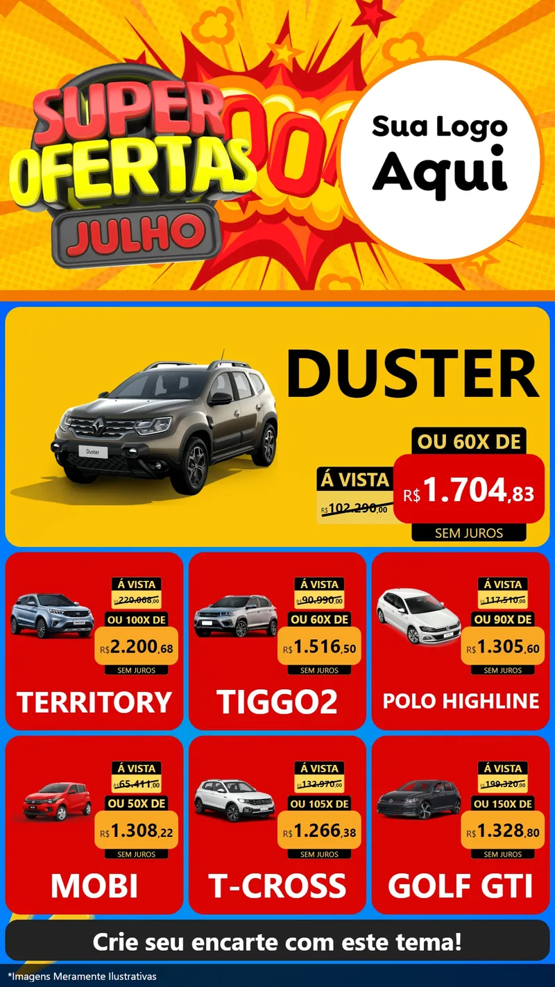 Modelo de Rede Social para Stories com o tema Super Ofertas Julho para Concessionaria de Carros