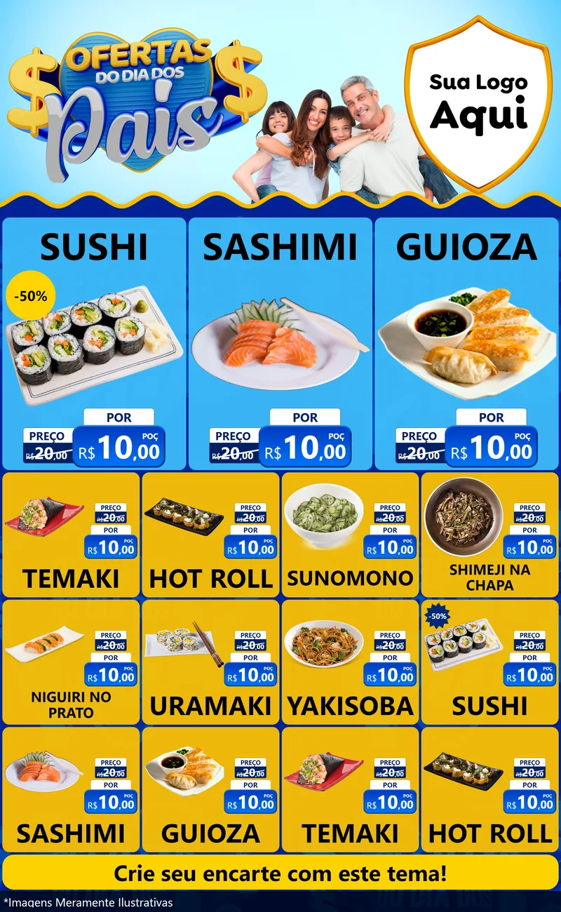 Modelo de Encarte para Encarte Grande com o tema Ofertas do Dia dos Pais para Comida japonesa