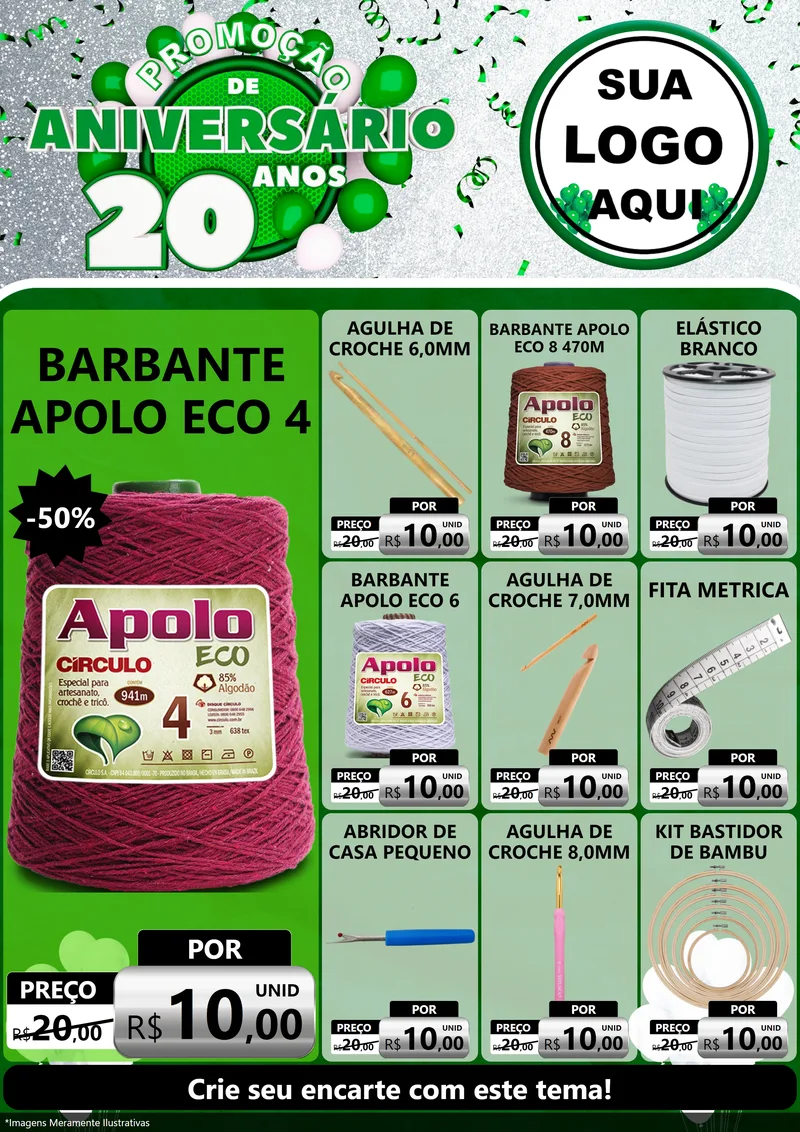 Modelo de Encarte para Encarte A4 Vertical com o tema Promoção de Aniversário - 20 Anos para Armarinho e Aviamentos