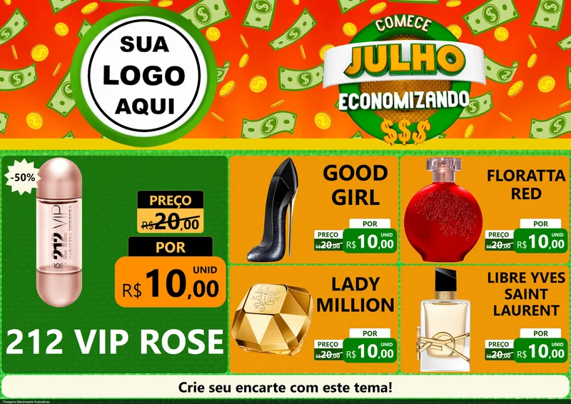 Modelo de Encarte para Encarte A4 Horizontal com o tema Comece Julho Economizando para Perfumes