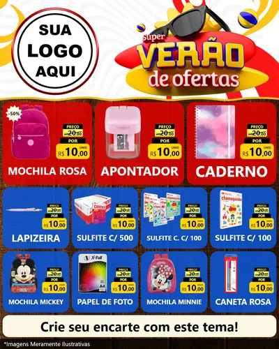 Modelo de Rede Social para Feed Instagram com o tema Super Verão de Ofertas para Papelaria