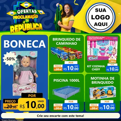Modelo de Rede Social para Feed Facebook com o tema Ofertas Proclamação da República para Brinquedos