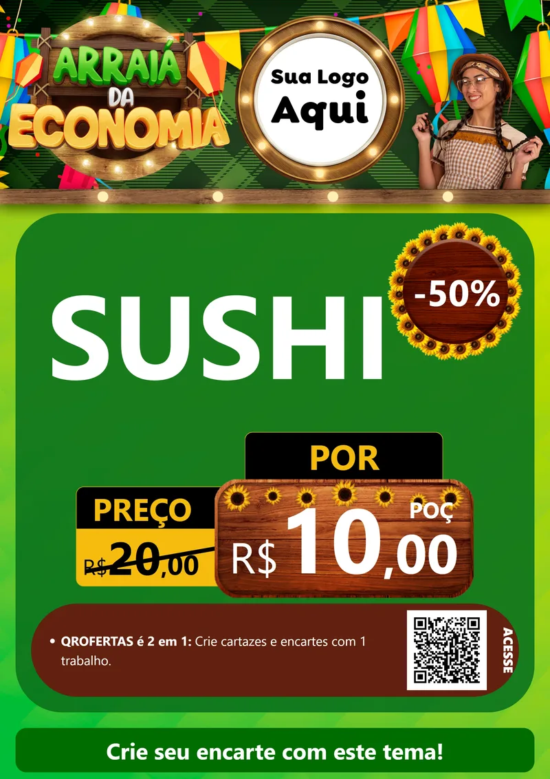 Modelo de Cartaz para Cartaz A4 Vertical com o tema Arraiá de Economia para Comida japonesa