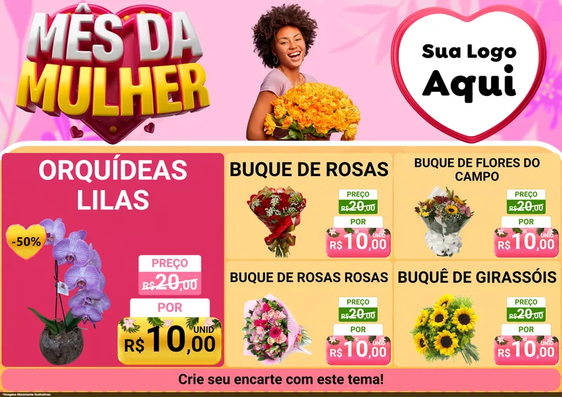 Modelo de Encarte para Encarte A4 Horizontal com o tema Mês da Mulher para Floricultura e jardim
