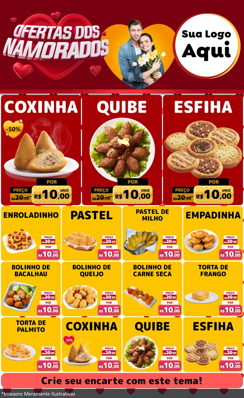 Modelo de Encarte para Encarte Grande com o tema Ofertas Dos Namorados para Salgadaria